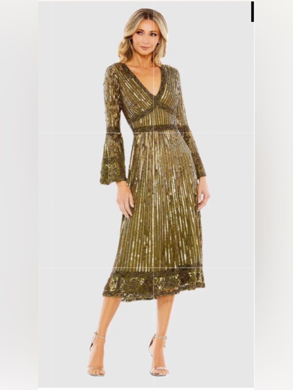 Mac Duggal Olive Green Sequin V-Neck Midi Dress
